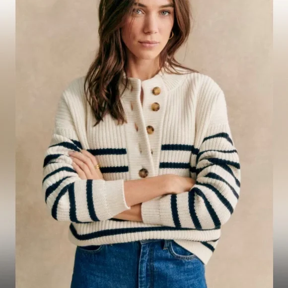 Sezane Lucas Cream and Blue Striped Sweater - Picture 1 of 6